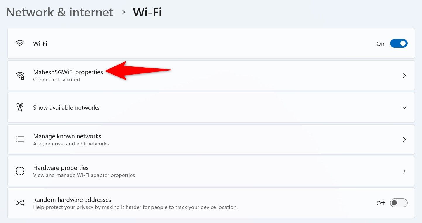 "[Connection Name] Properties" highlighted in Settings.