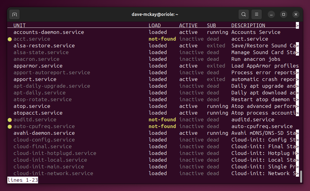 The output from the systemctl list-units command, showing all services.