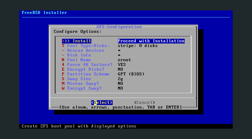 The FreeBSD installation program showing configuration options.