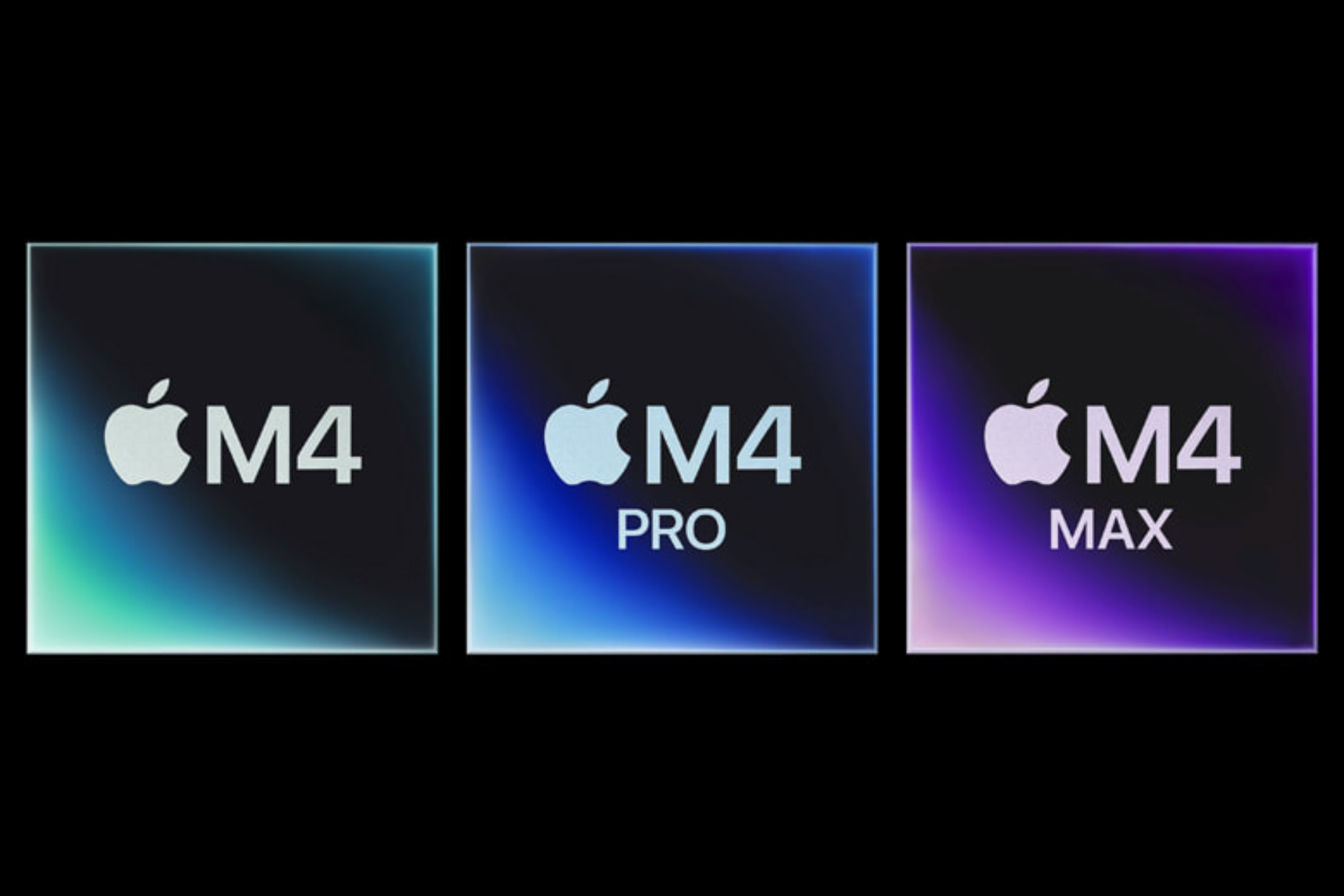 Image of Apple's M4 family of chipsets on a black background.