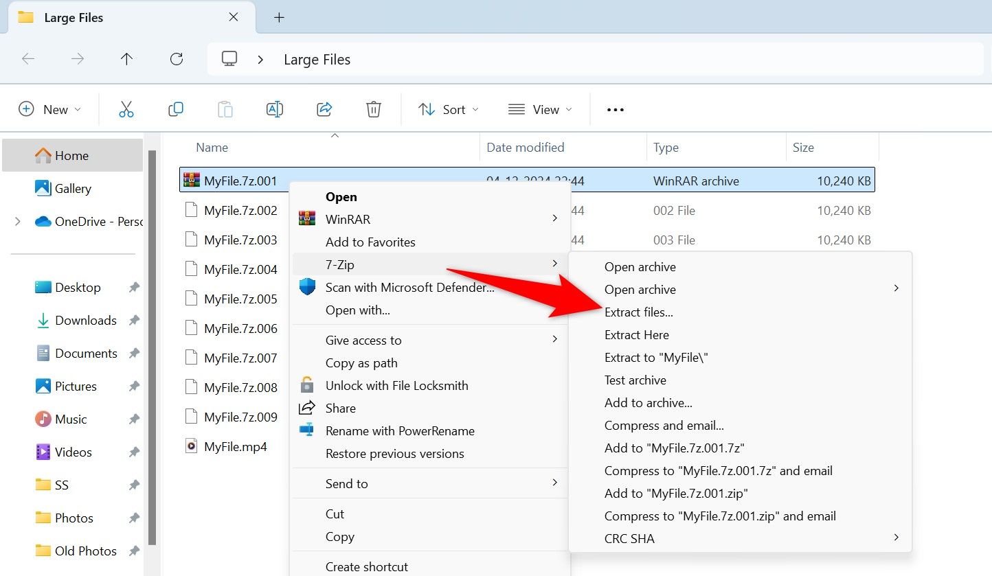 7-Zip > Extract Files highlighted in File Explorer.