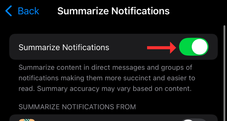 Screenshot of the Summarize Notifications toggle.