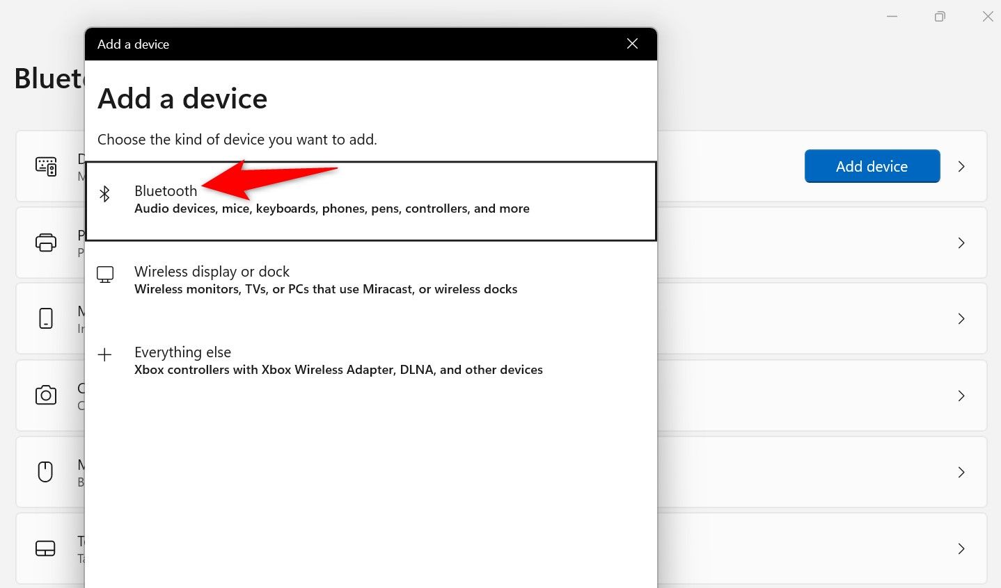 "Bluetooth" highlighted on the "Add a Device" window.