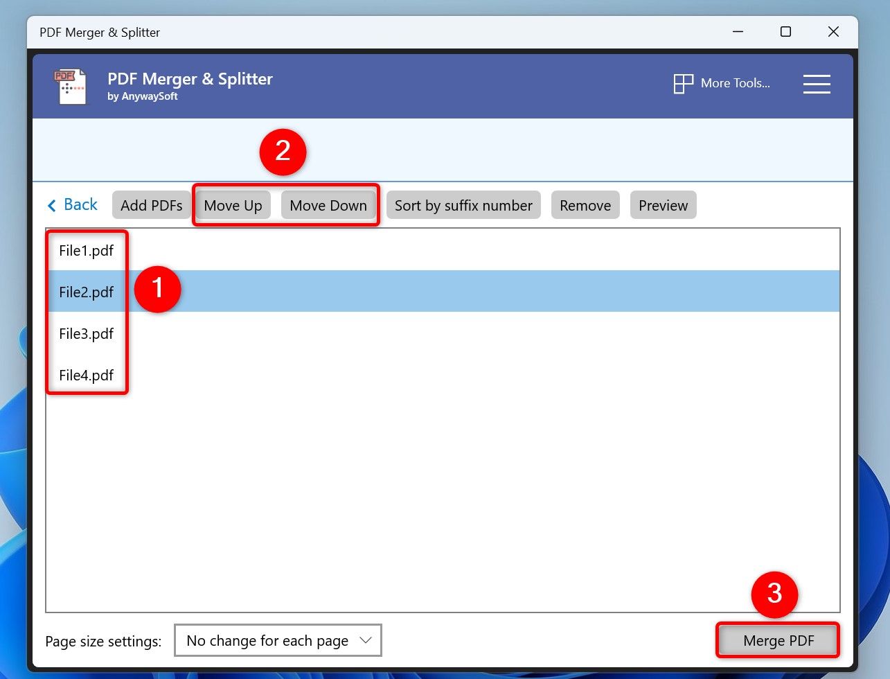 Multiple PDF files, "Move Up," "Move Down," and "Merge PDF" highlighted in the PDF Merger & Splitter app.