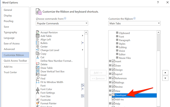 Enabling the Developer option in Word's Word Options window.