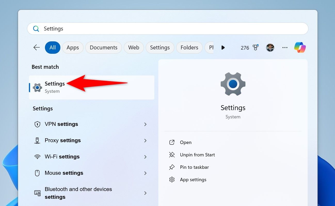 Settings highlighted in Windows Search.