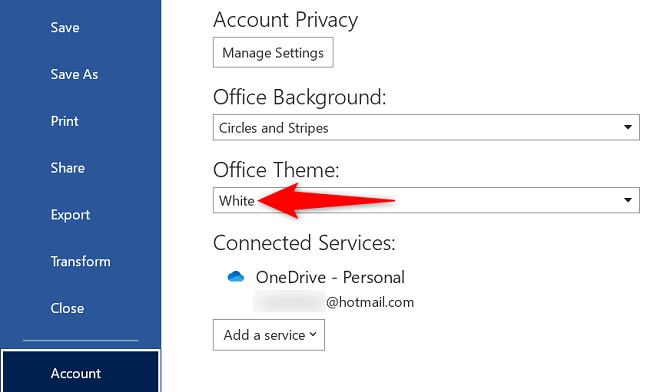 The Word Account menu, with the "Office Theme" dropdown highlighted.