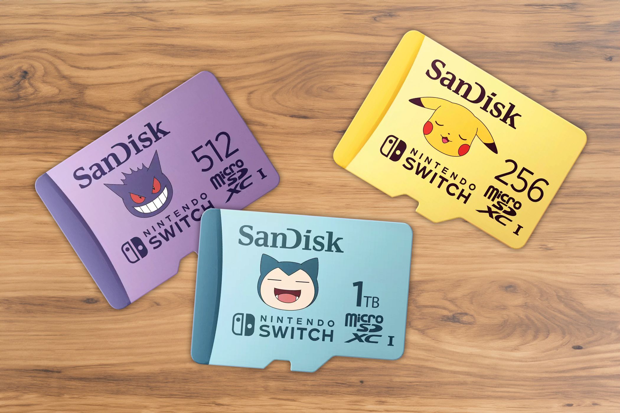 SanDisk Pokemon microSD cards on a countertop.