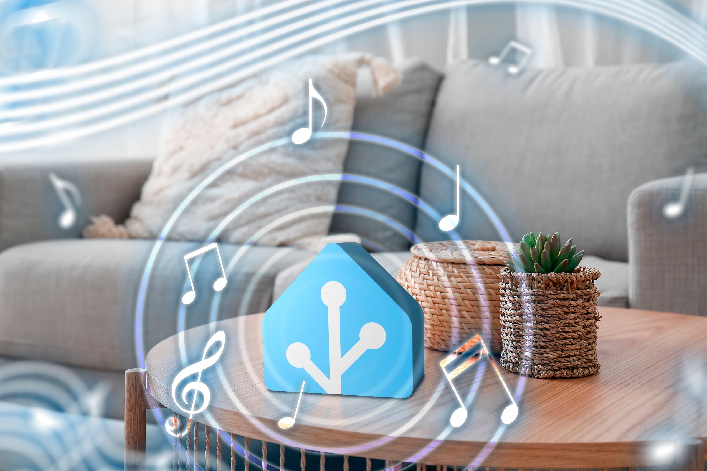 3D icon of a home assistant with several musical figures around it.