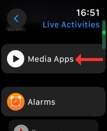 Screenshot of the Live Activities menu with an arrow next to the Media Apps option.