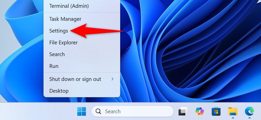 "Settings" highlighted in the Power User Menu.