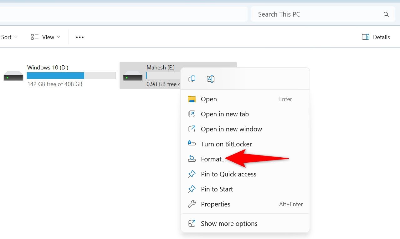 "Format" highlighted for a drive in File Explorer.