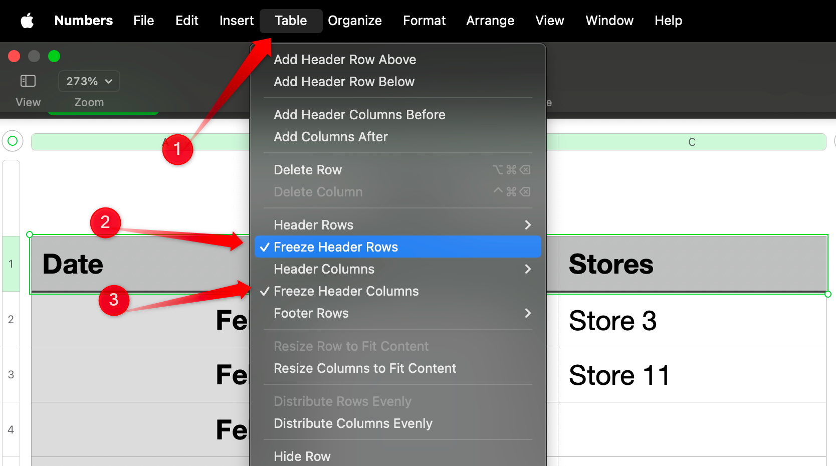 Freezing column and row headers in Apple Numbers.