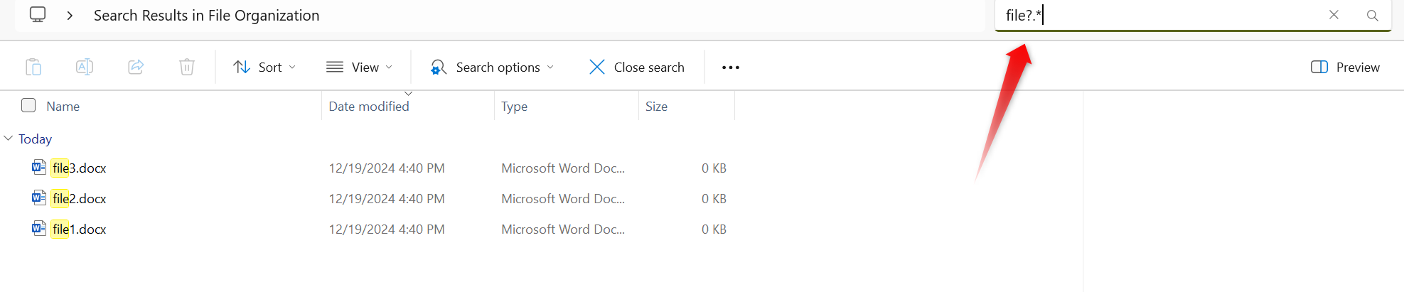 Searching for files using wildcards in File Explorer in Windows.