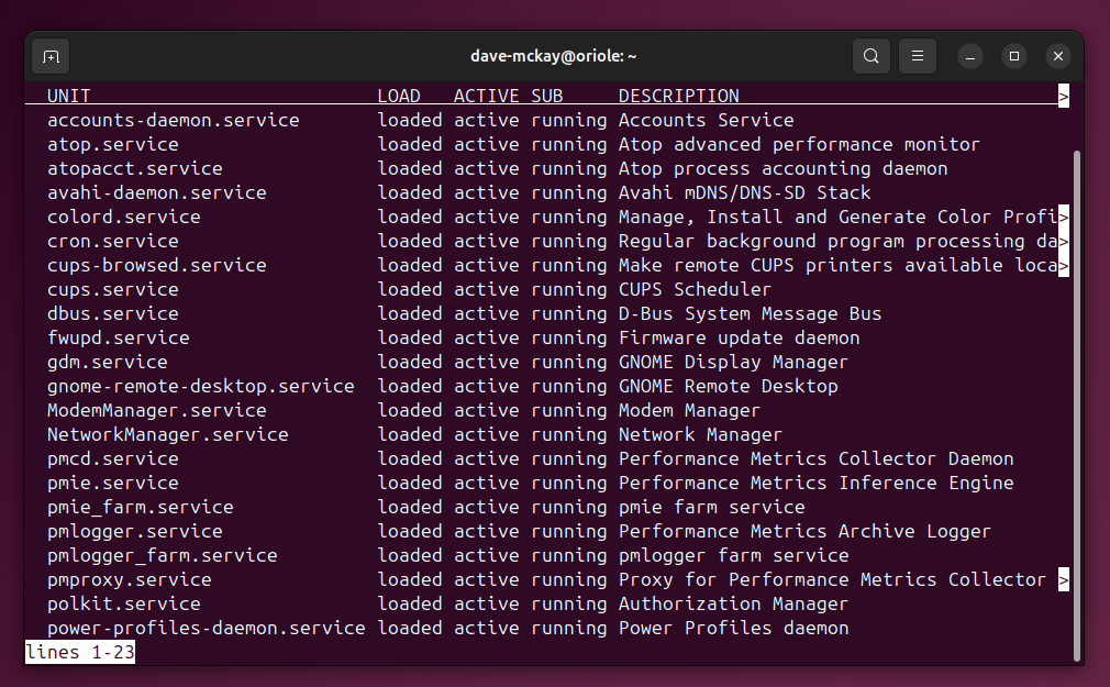 The output from the systemctl list-units command filtered to show running services only.