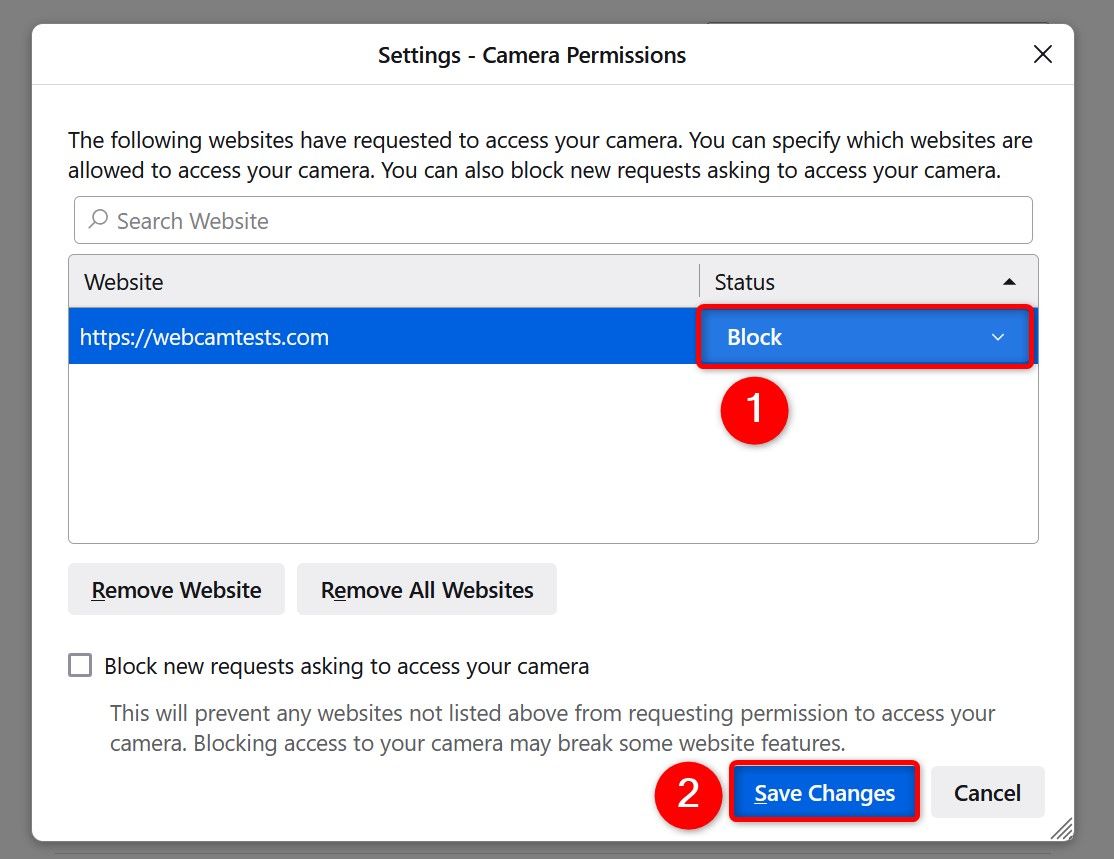 "Block" and "Save Changes" highlighted for camera access in Firefox.