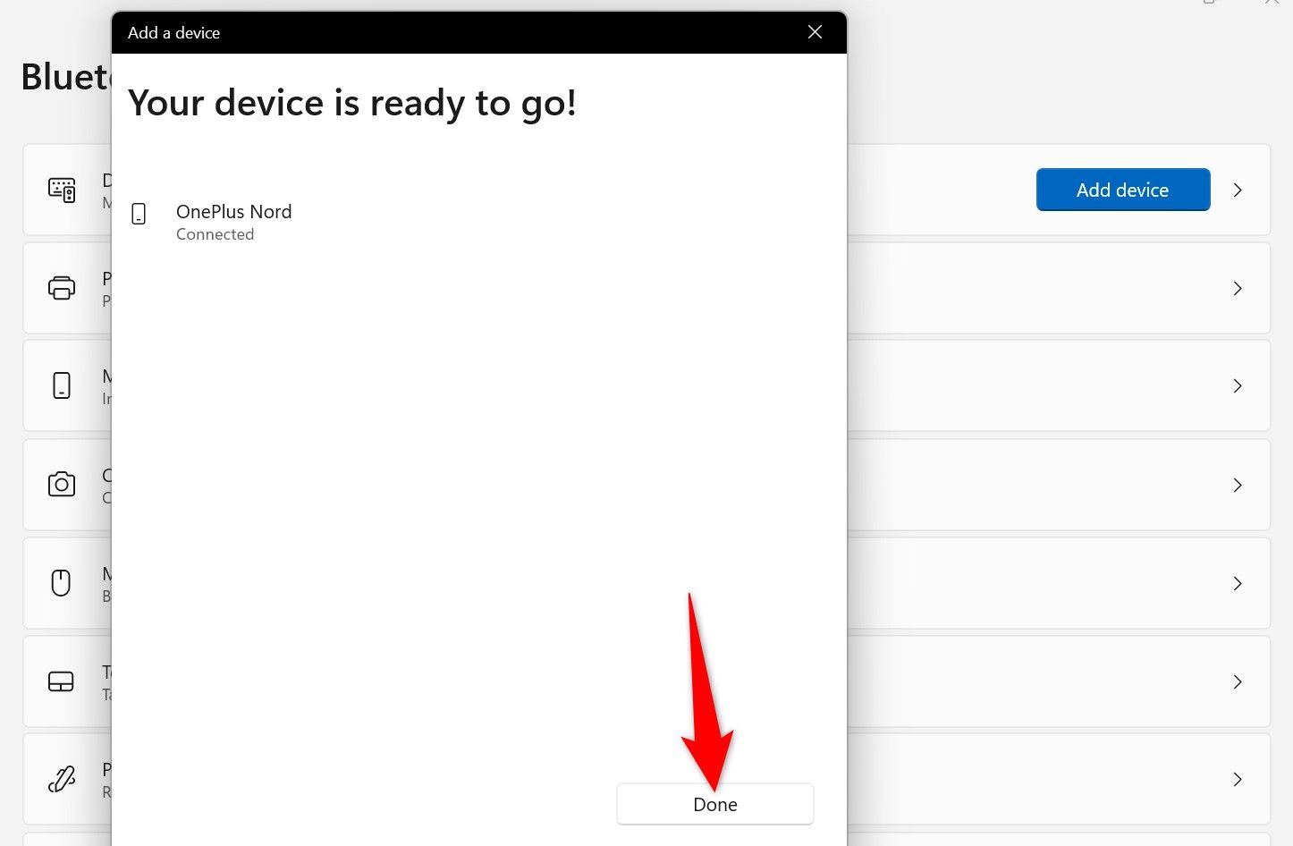 "Done" highlighted on the "Add a Device" window.