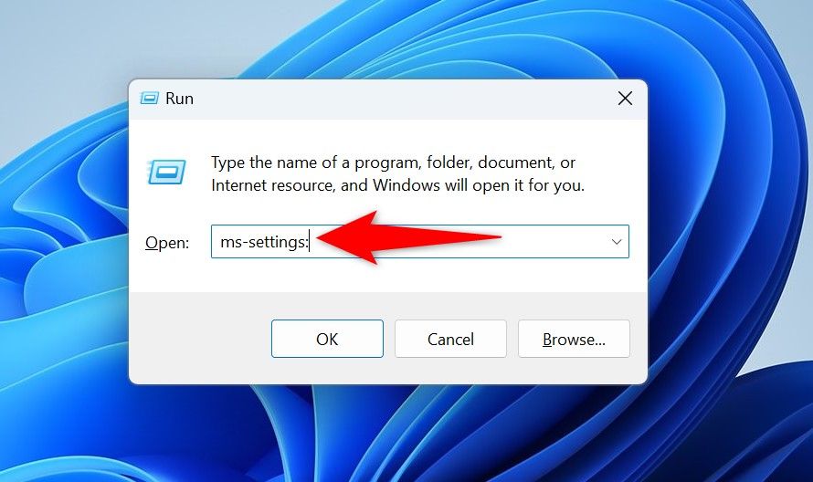 "ms-settings:" typed in Run.