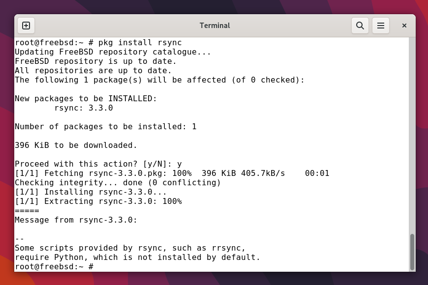 Installing rsync on FreeBSD using the pkg package manager.