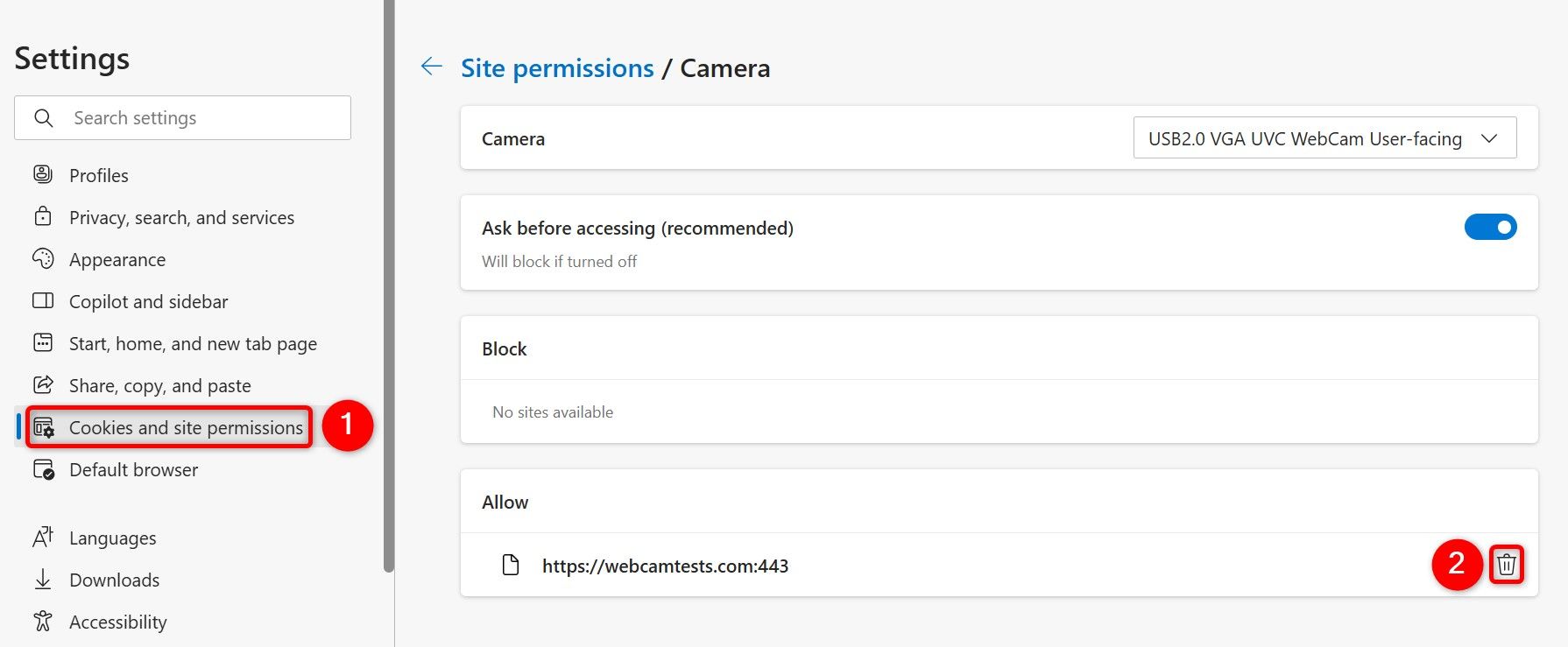 "Cookies and Site Permissions" and the trash can icon highlighted in Edge.