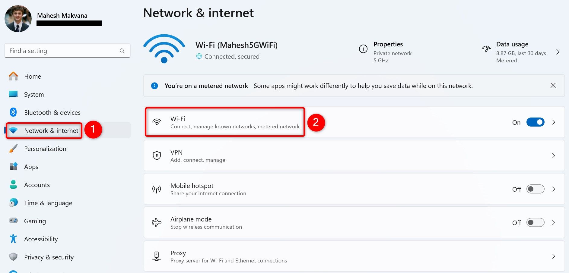 "Network & Internet" and "Wi-Fi" highlighted in Settings.