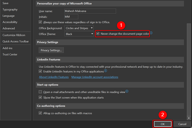 Enabling "Never Change the Document Page Color" in Word.
