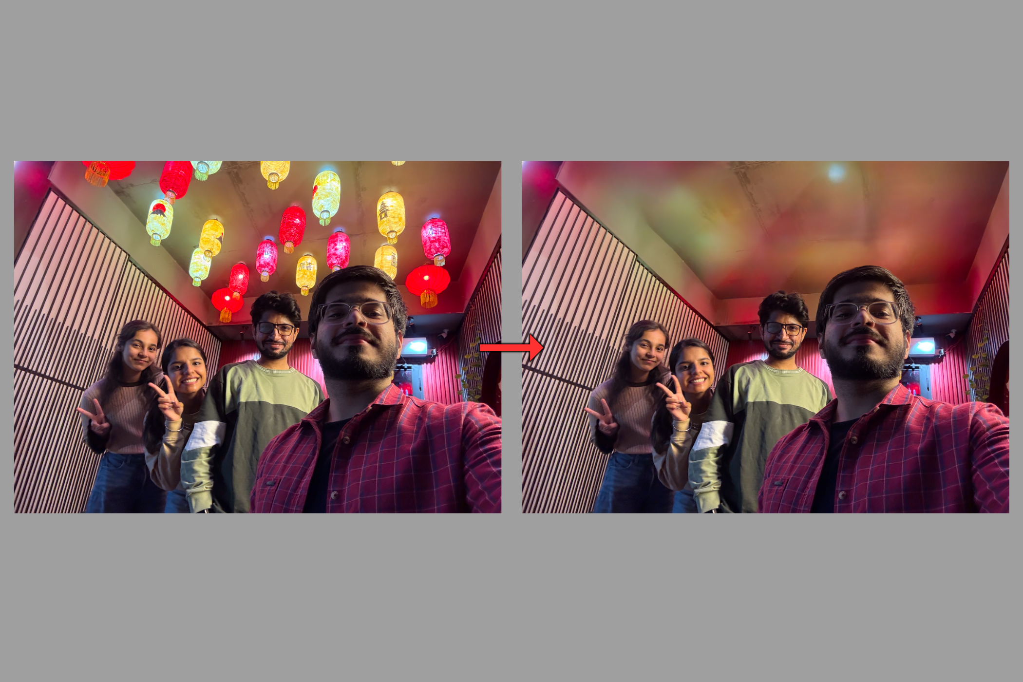 Depiction of the Apple Intelligence Clean Up feature in two versions of the same picture arranged side by side.