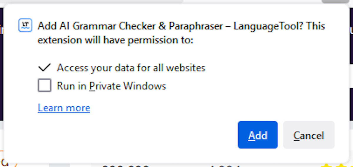 Confirming LanguageTool Firefox Add-on installation.