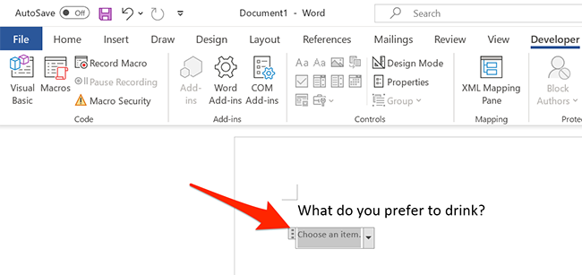 A drop-down list in a Word document.