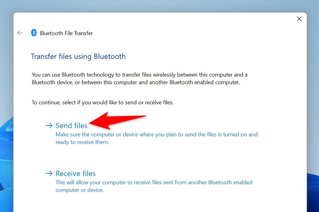 "Send Files" highlighted on the "Bluetooth File Transfer" window.