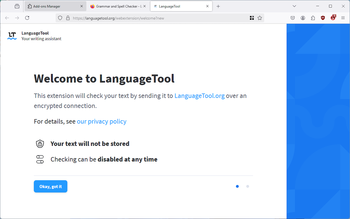 The LanguageTool welcome screen.