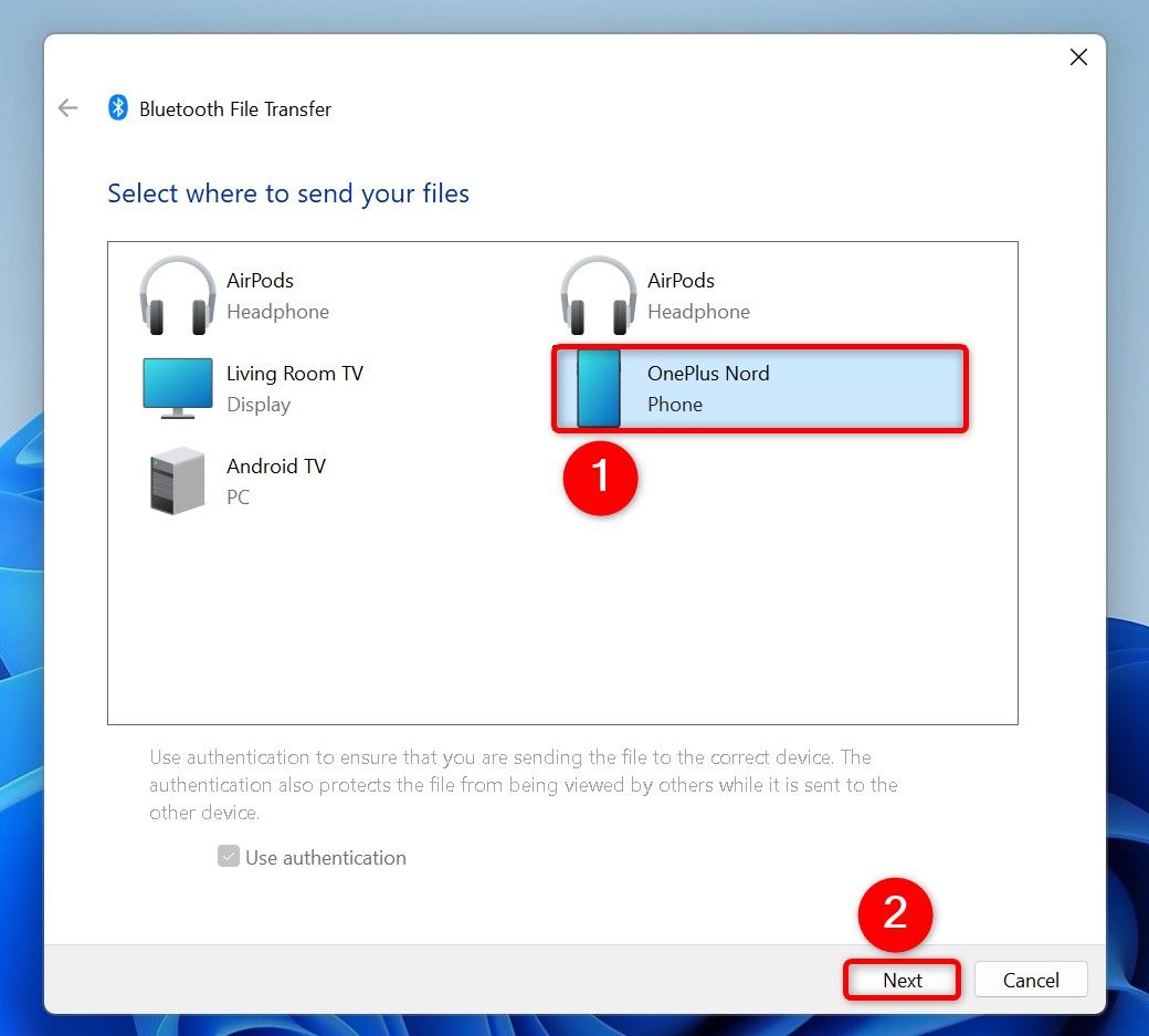 A Bluetooth device and "Next" highlighted on the "Bluetooth File Transfer" window.