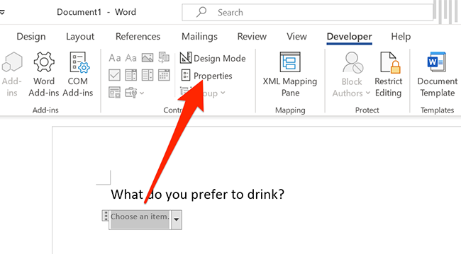 Properties option in Word's Developer menu.