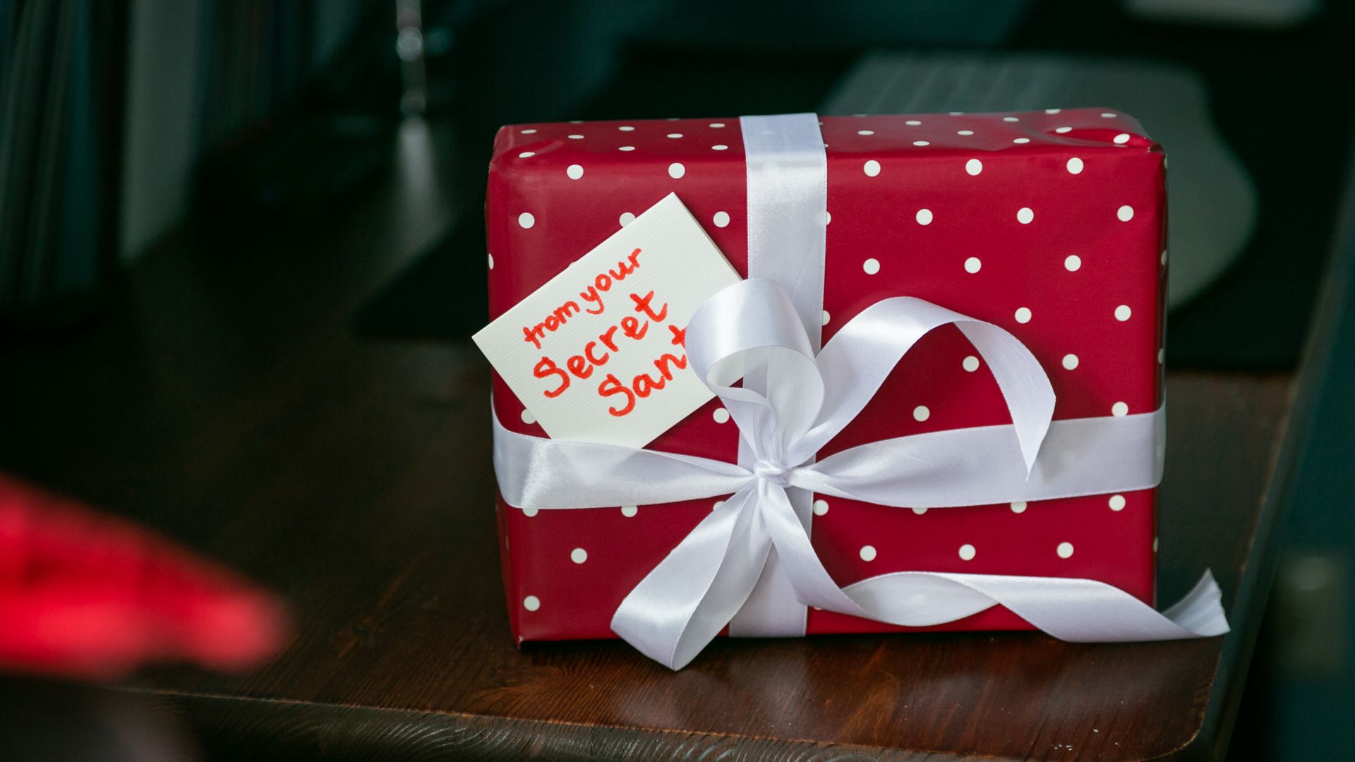 Secret Santa gift on a table.