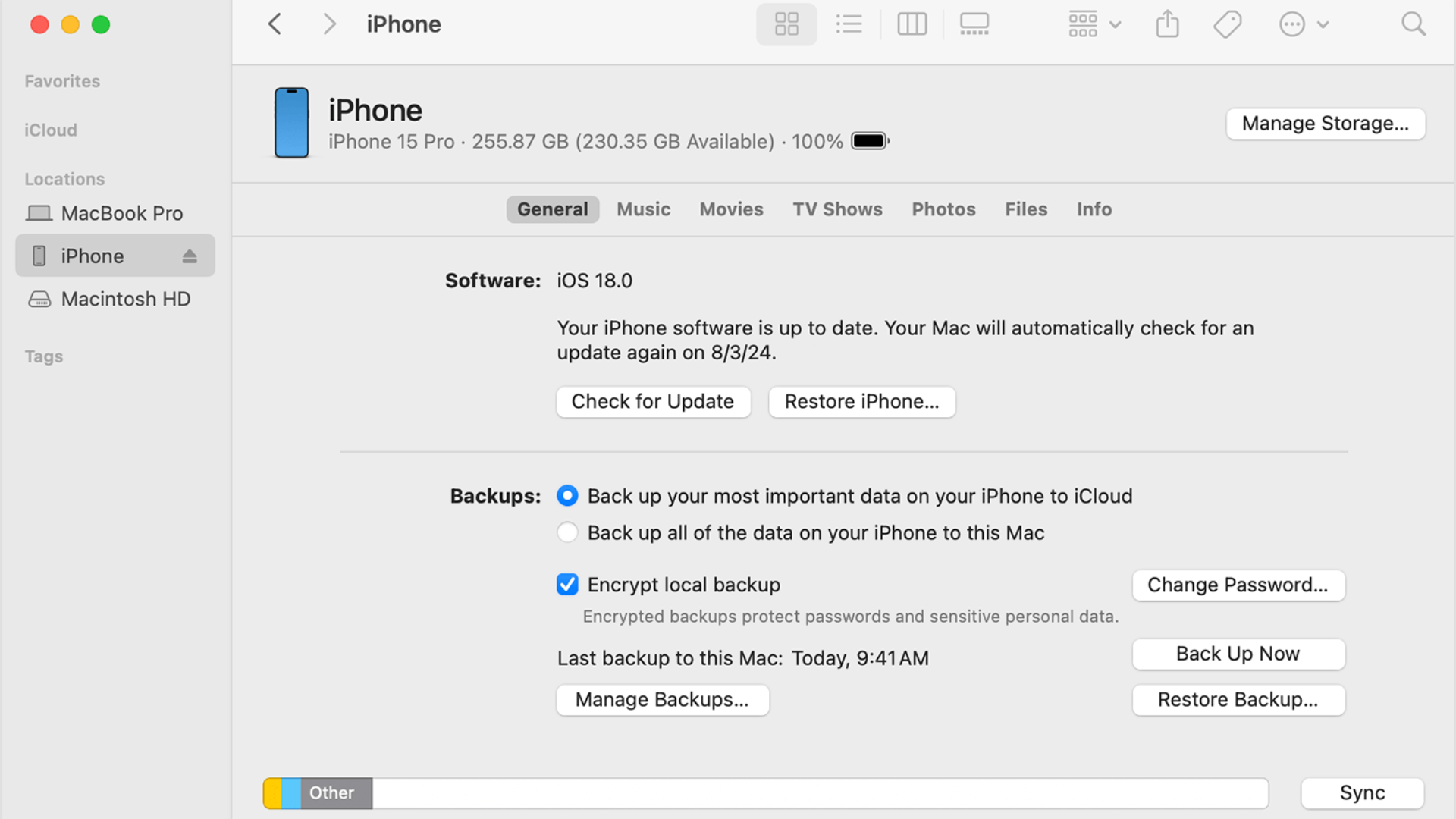 Screenshot of the Mac Finder app with the option to restore backup on an iPhone.