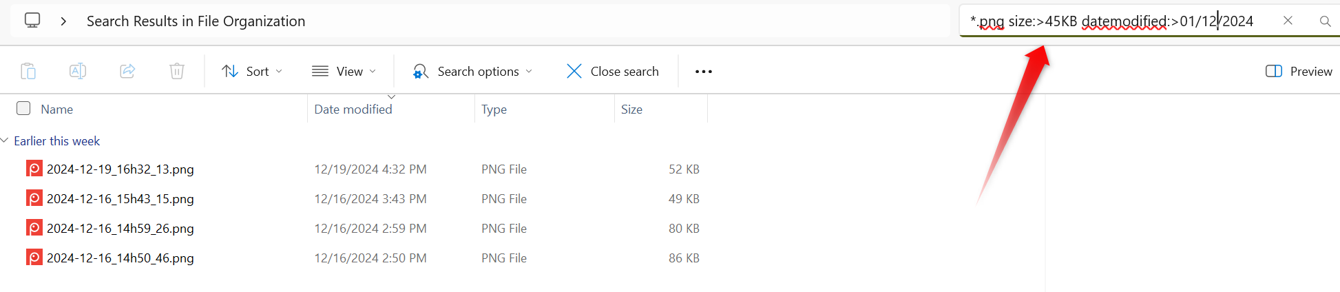 Combining multiple search filters in File Explorer.