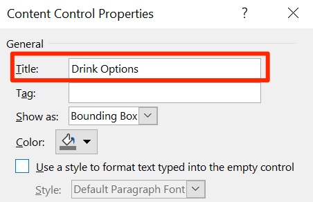 Title on Word's Content Control Properties window.