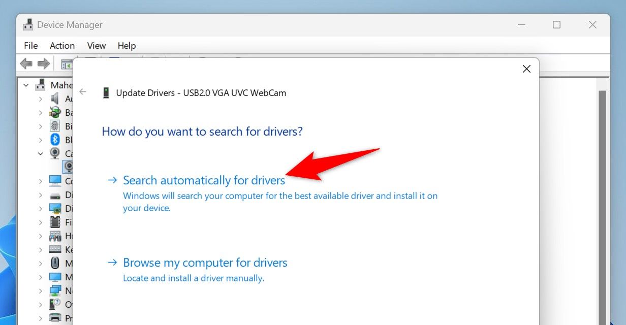 "Search Automatically for Drivers" highlighted for camera drivers.