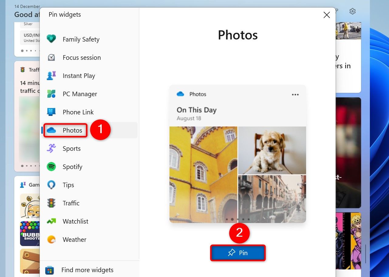 "Pin" highlighted for the Photos widget.