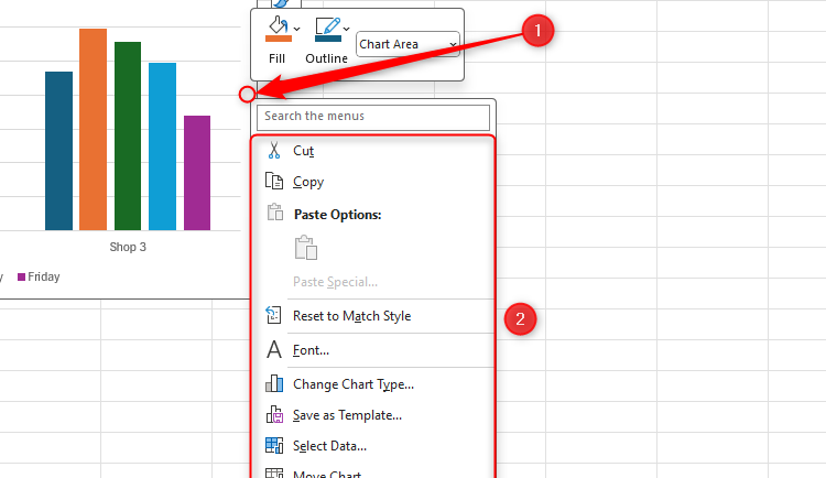 A chart in Excel with the right-click menu activated.