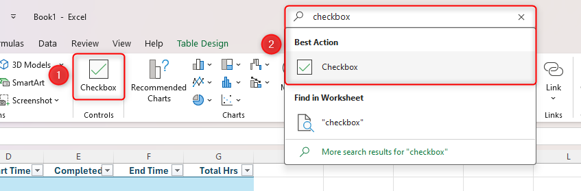 A checkbox being added to an Excel spreadsheet via both the icon in the Insert tab and the search bar at the top of the Excel window.