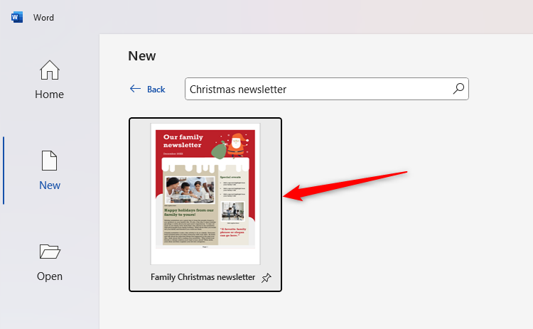 A Christmas newsletter template in Microsoft Word is selected.