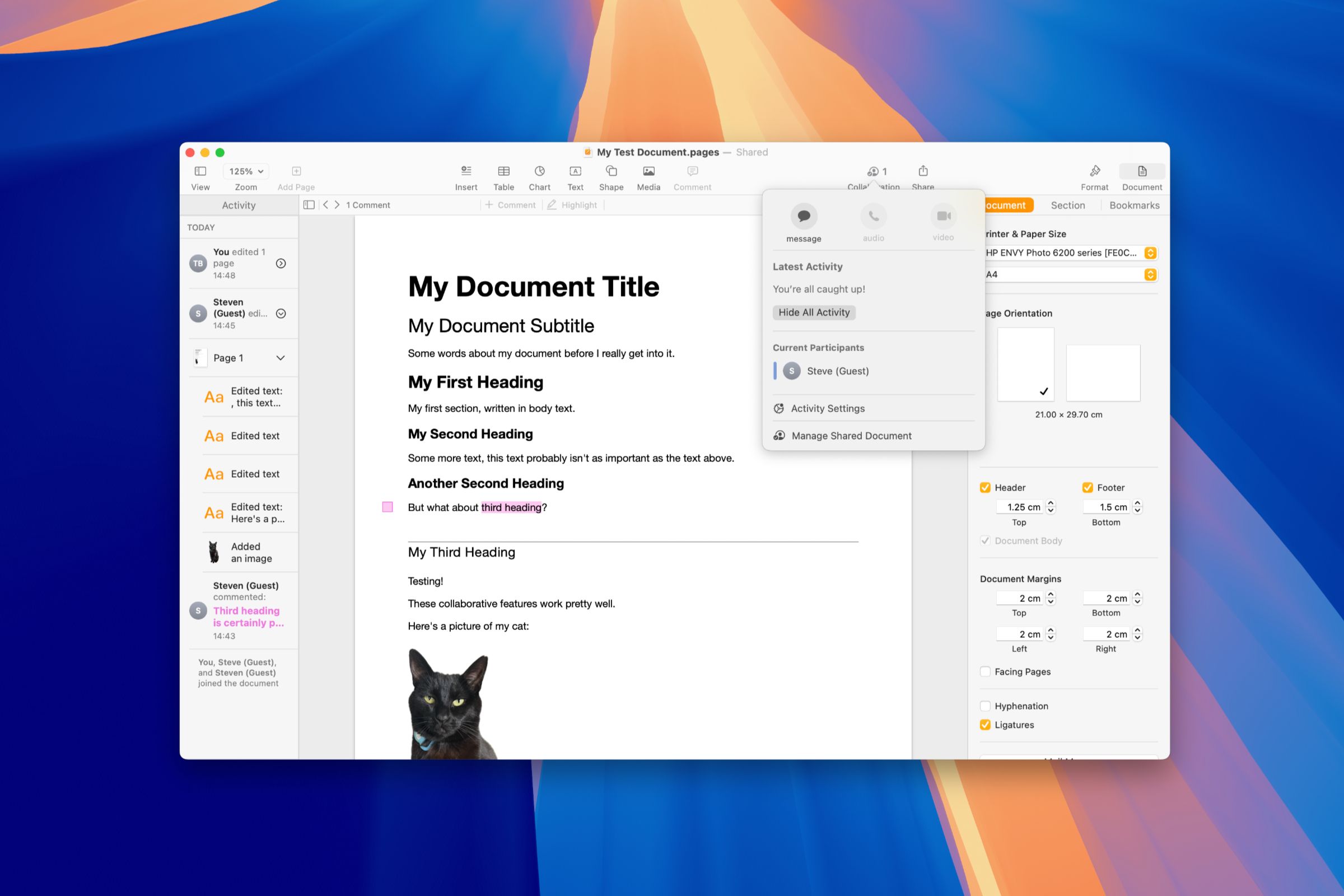 A collaborative Pages document on a Mac.