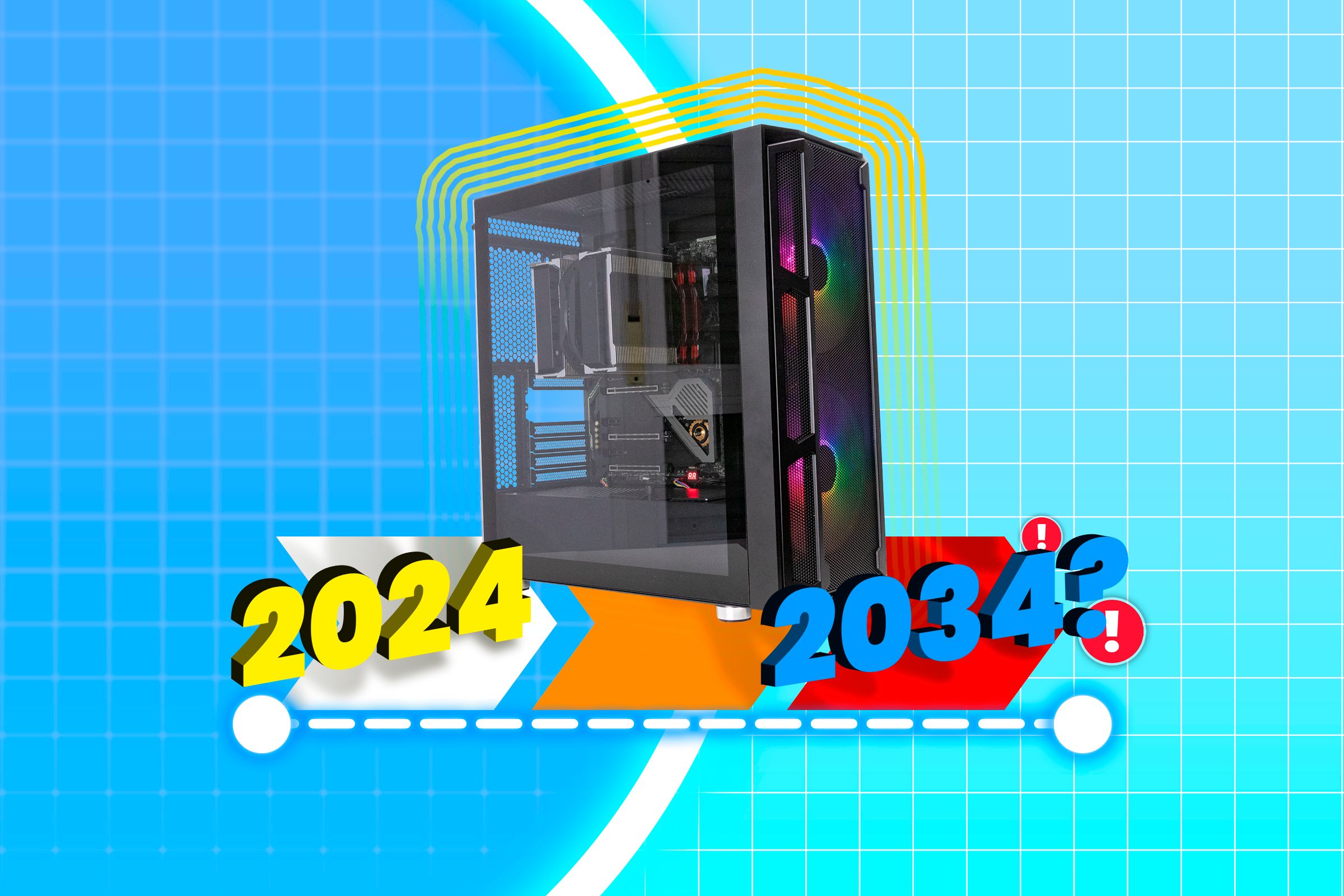 A gaming PC case with a 10-year timeline below it.