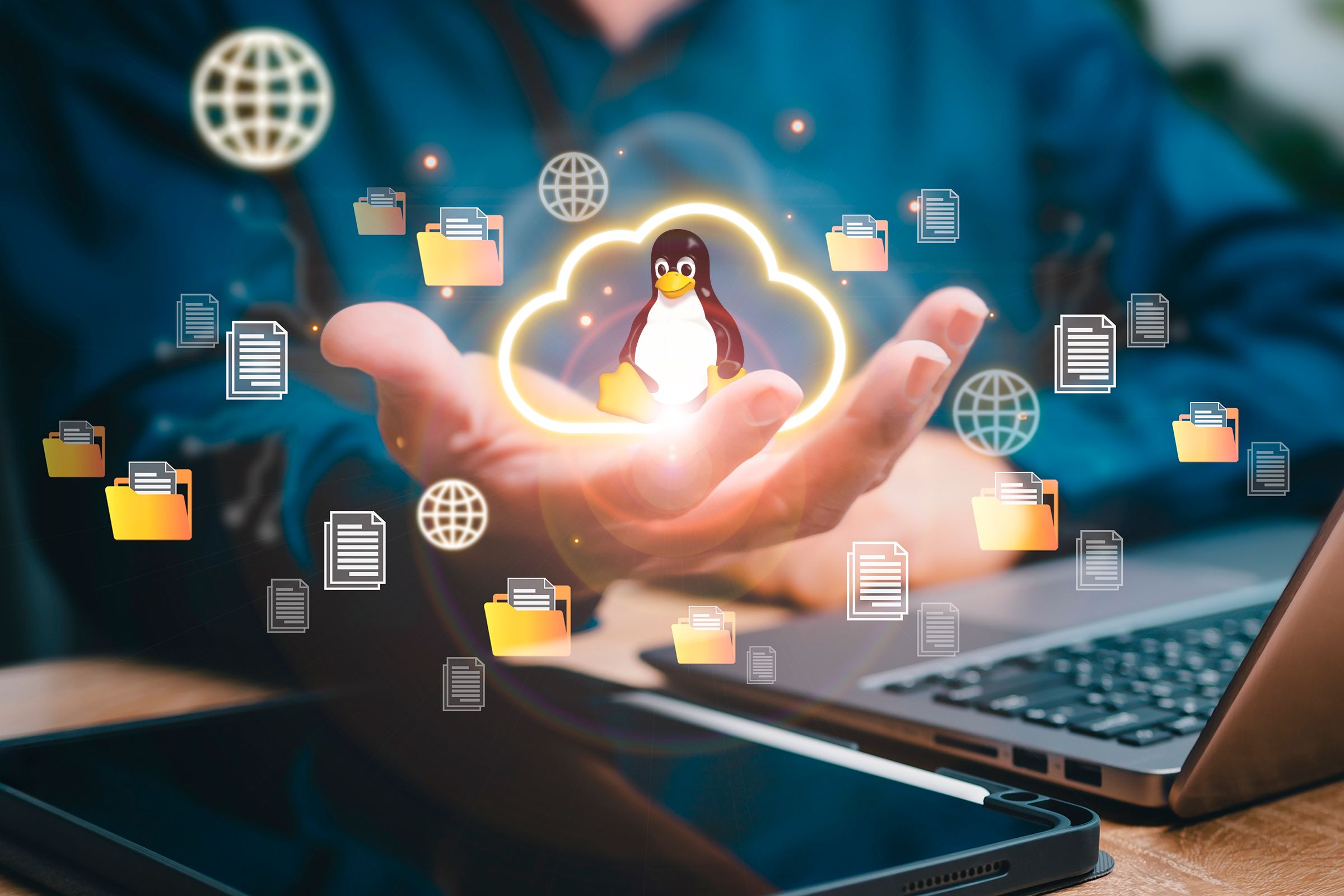 A hand holding a cloud with the Linux mascot inside it, surrounded by several file icons.