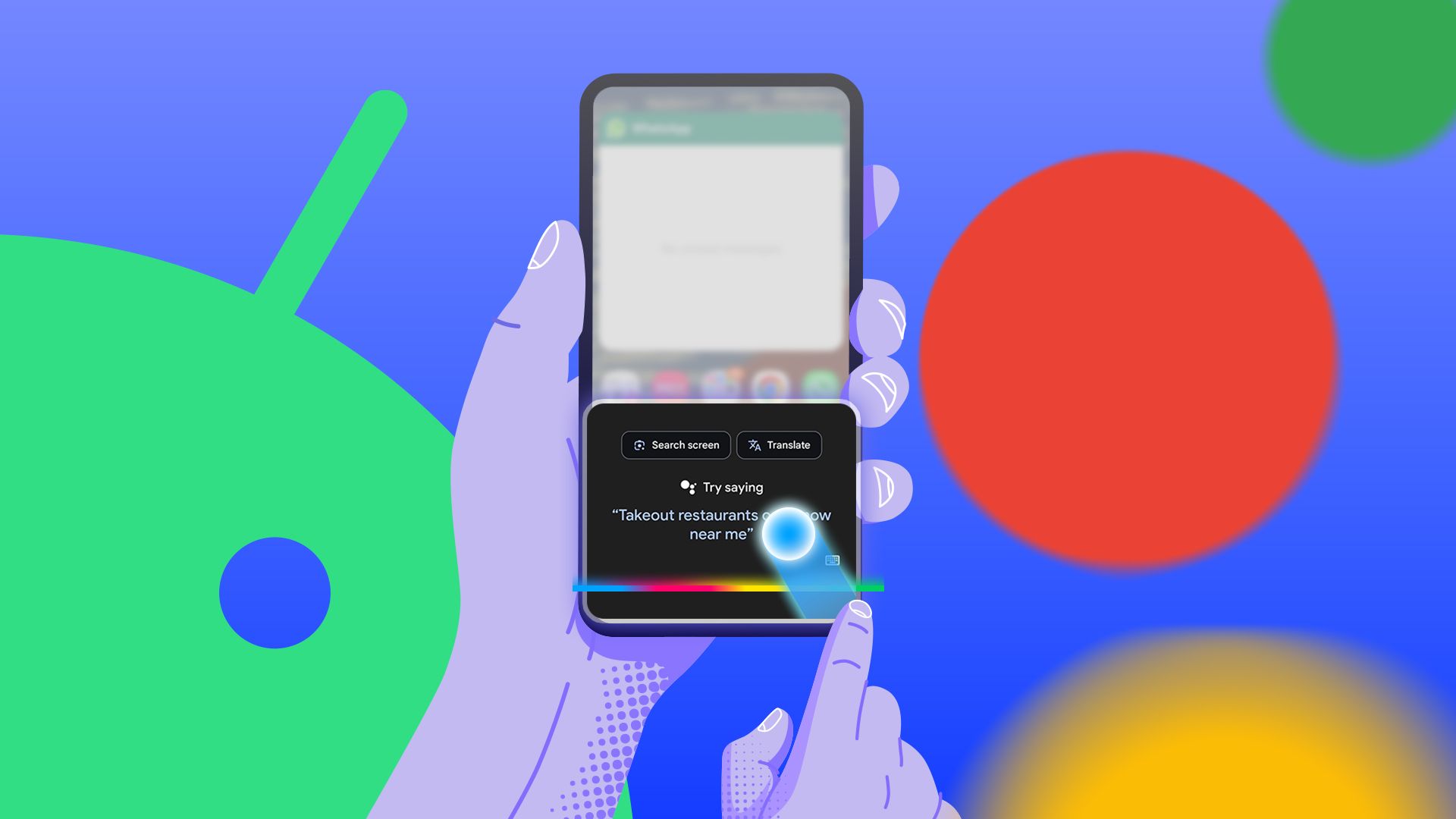 A hand holding a phone with Google Assistant open, highlighting the swipe gesture.