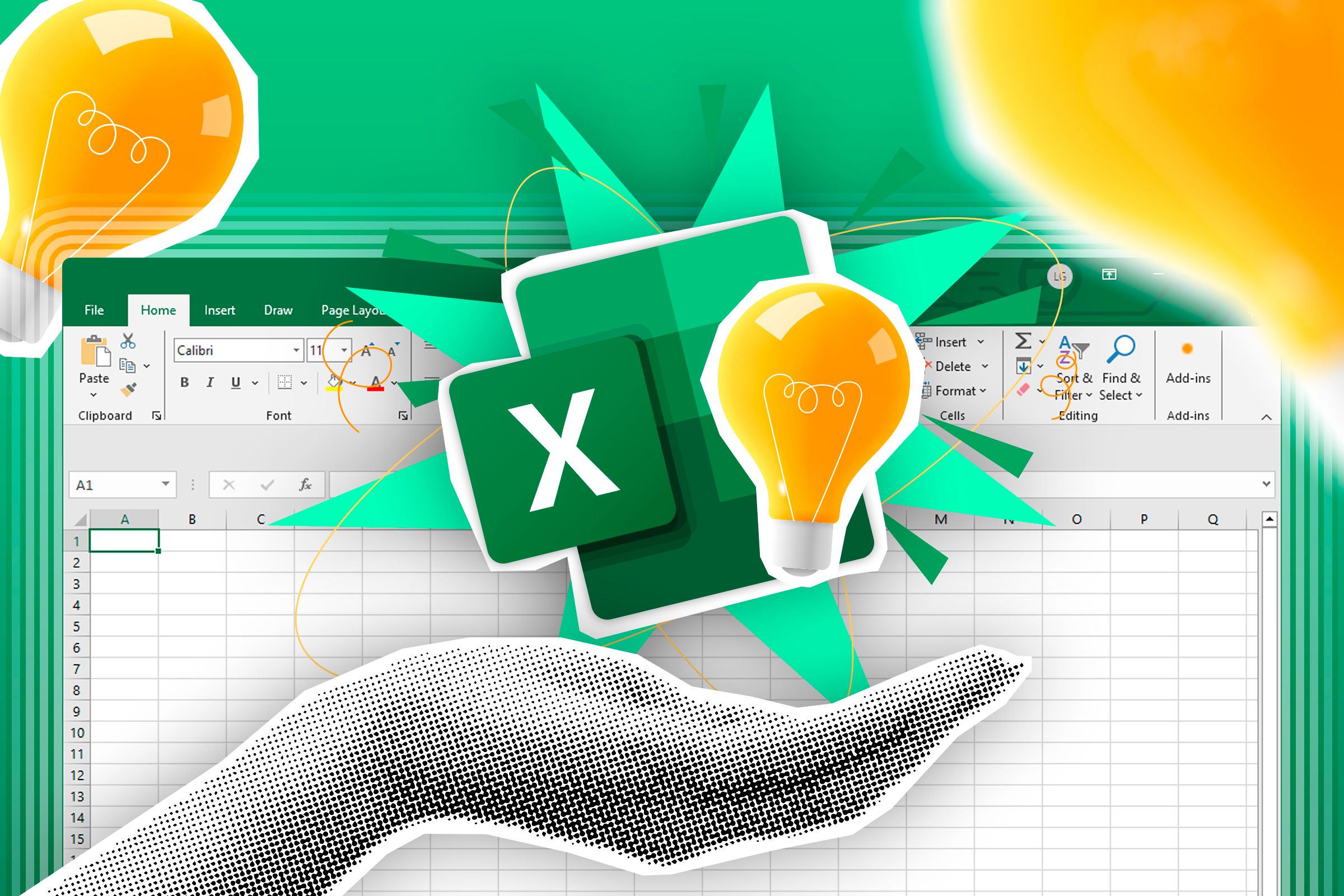 A hand with the Excel logo and a light bulb next to it, and an Excel spreadsheet in the background.