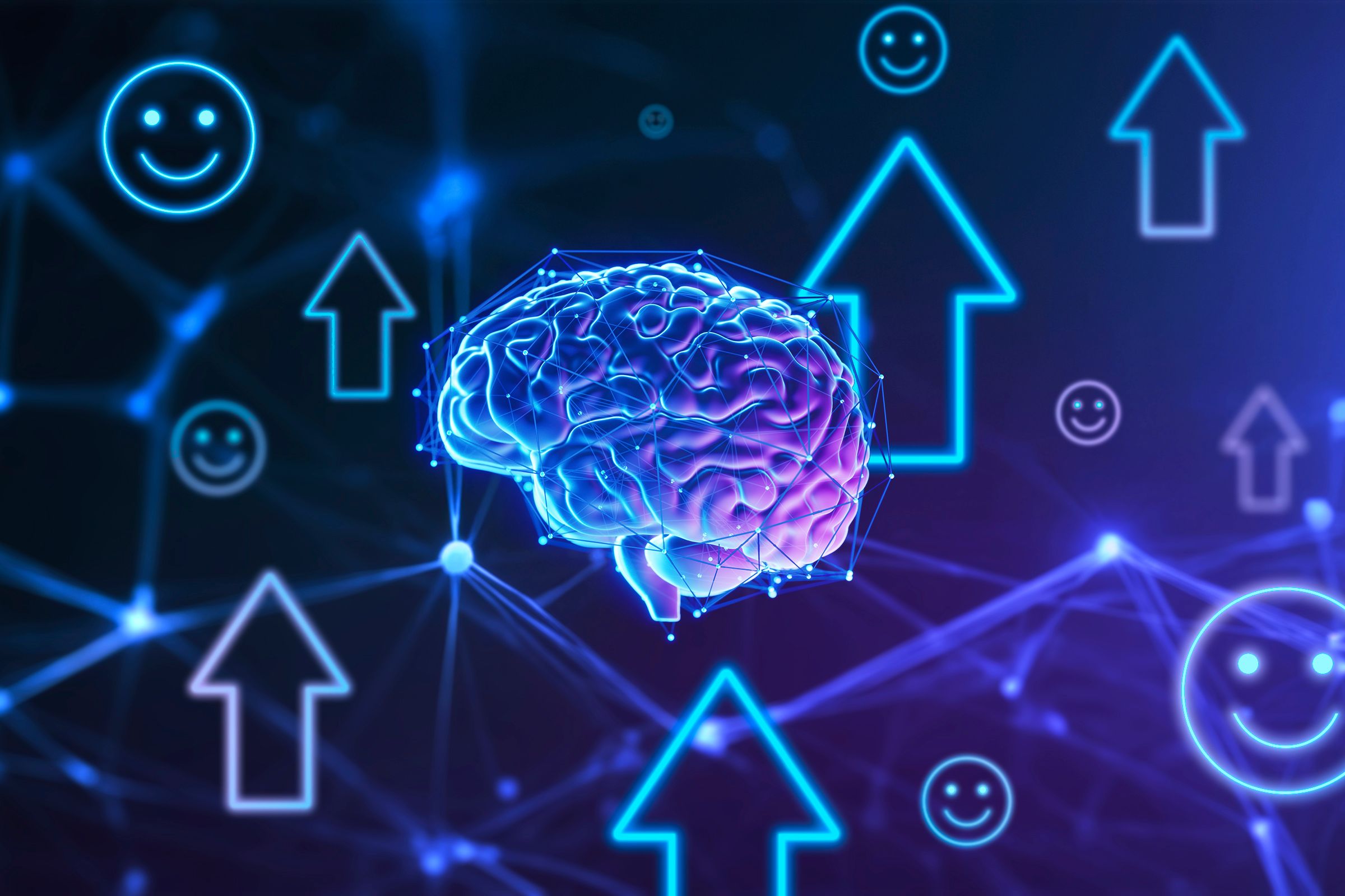 A human brain surrounded by arrows and happy face icons, and technology network nodes and lines in the background.