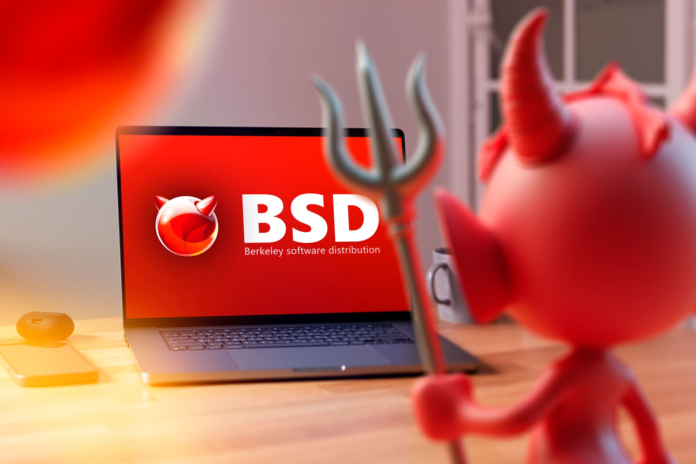 A laptop on a wooden table with the BSD logo on the screen and a blurred devil in the foreground looking to the laptop.