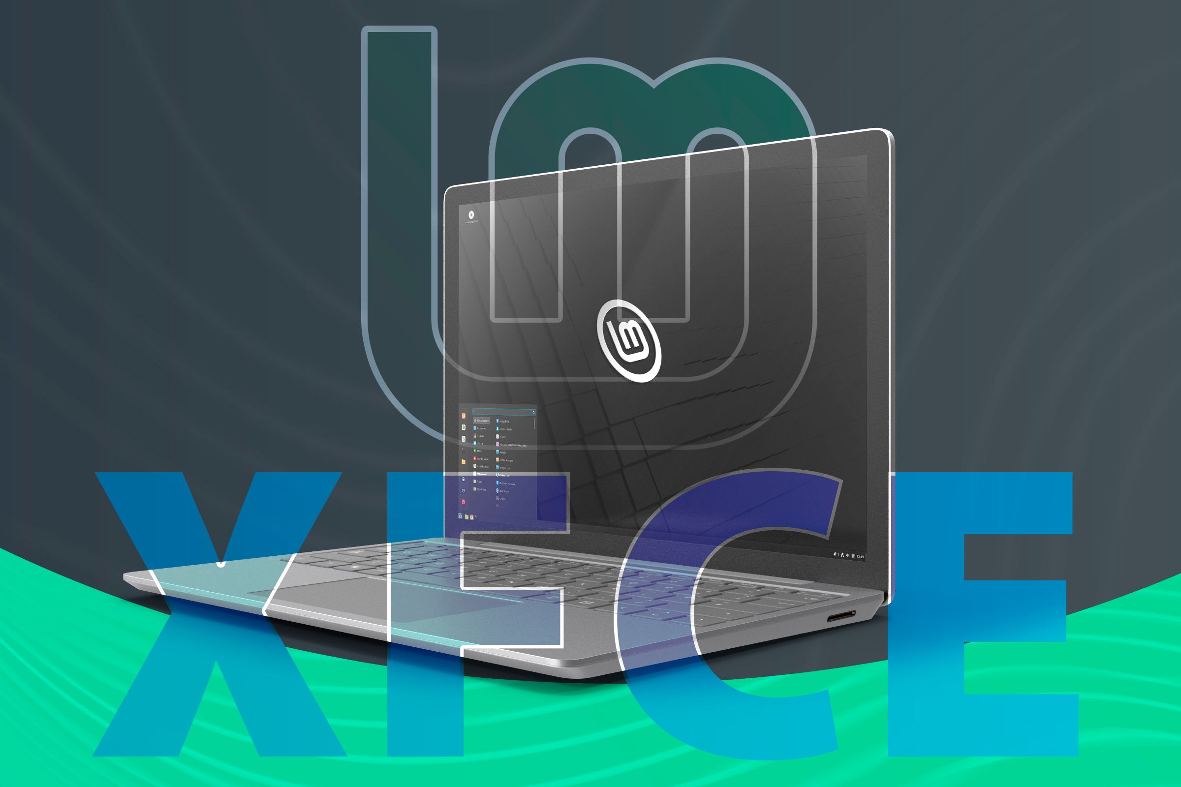 A laptop with Linux Mint, the Mint logo, and 'XFCE' written.